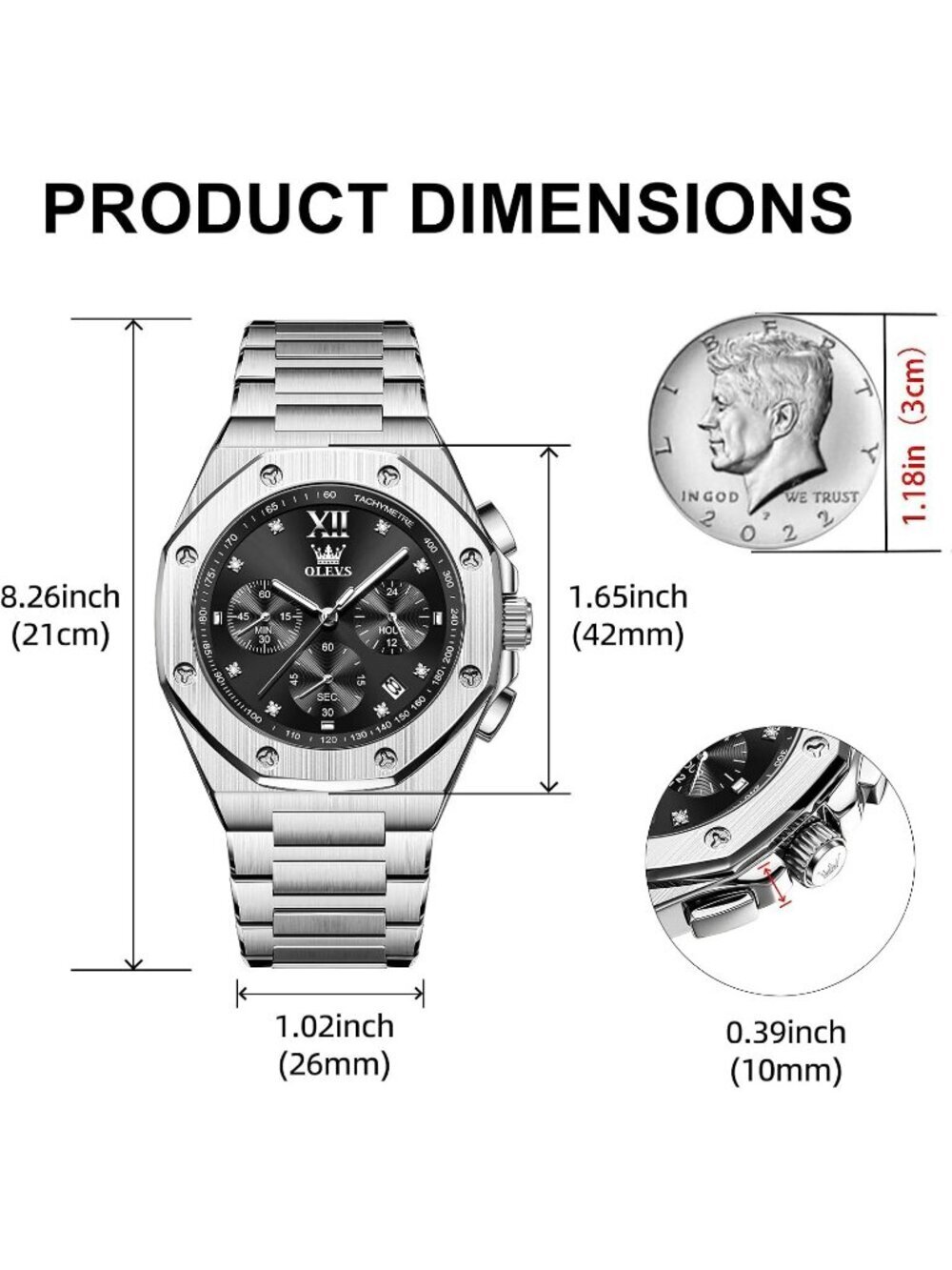 Men's Silver Black Octagonal Luxury Stainless Steel Analog Large Face Wristwatch - Picture 4 of 6